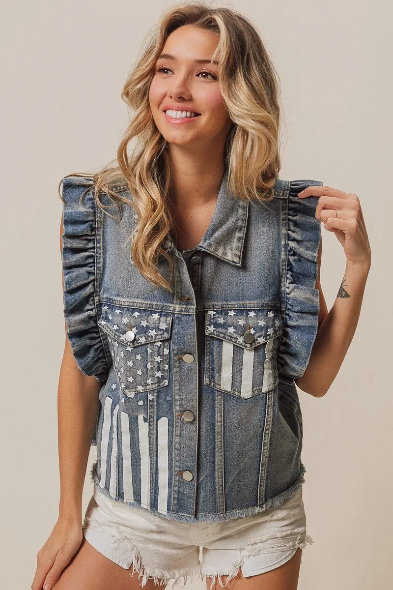 BiBi American Flag washed denim jacket by Trendsi featuring distressed denim and patriotic flag design on the front.