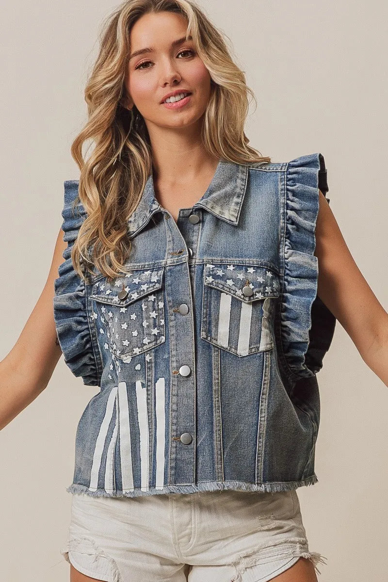 BiBi American flag washed denim jacket by Trendsi, featuring distressed denim with patriotic flag design and casual fit.