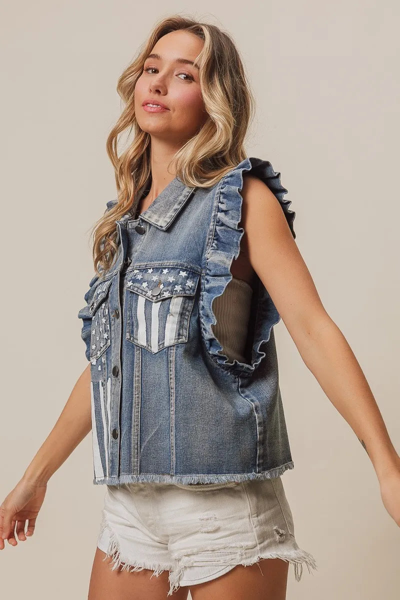 Women's BiBi American Flag washed denim jacket by Trendsi, featuring distressed details and patriotic flag print on the back.