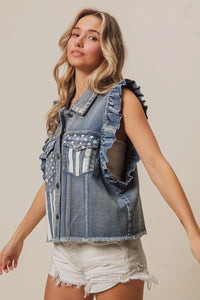 Women's BiBi American Flag washed denim jacket by Trendsi, featuring distressed details and patriotic flag print on the back.