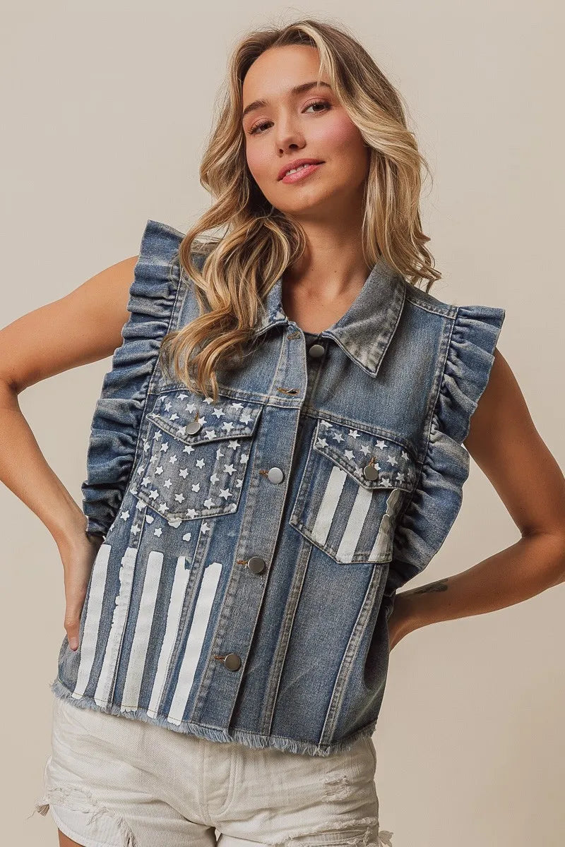 American flag washed denim jacket by Trendsi, featuring a casual, distressed denim look with patriotic flag design on the front.