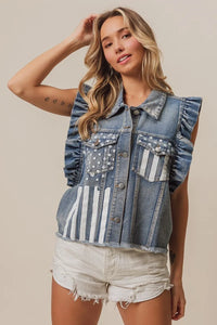 BiBi American Flag washed denim jacket with distressed details, trendy casual style, featuring patriotic flag design.