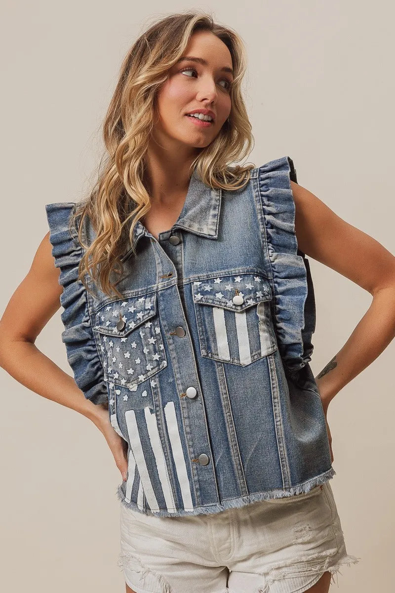 Trendsi BiBi American Flag washed denim jacket featuring distressed detailing and patriotic flag embroidery on the back.
