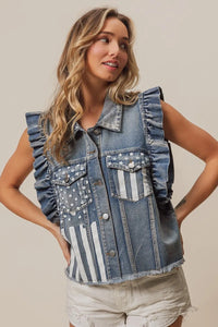 Trendsi BiBi American Flag washed denim jacket featuring distressed detailing and patriotic flag embroidery on the back.
