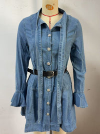 Button front denim dress with flounce sleeves from Trendsi, featuring a fitted bodice and casual style.