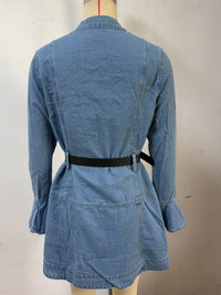Button front denim dress with flounce sleeves, casual style, from Trendsi, shown on a model with a relaxed fit and classic denim texture.