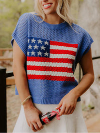 Dusty blue short sleeve sweater top with flag graphic design from Trendsi, featuring a casual, stylish look.