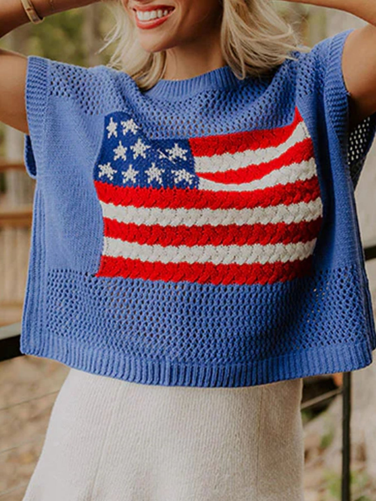 Dusty blue short sleeve sweater top with flag graphic design from Trendsi, casual and stylish for everyday wear.