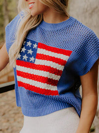 Dusty blue short sleeve sweater top with flag graphic design, from Trendsi, featuring a casual and stylish look.