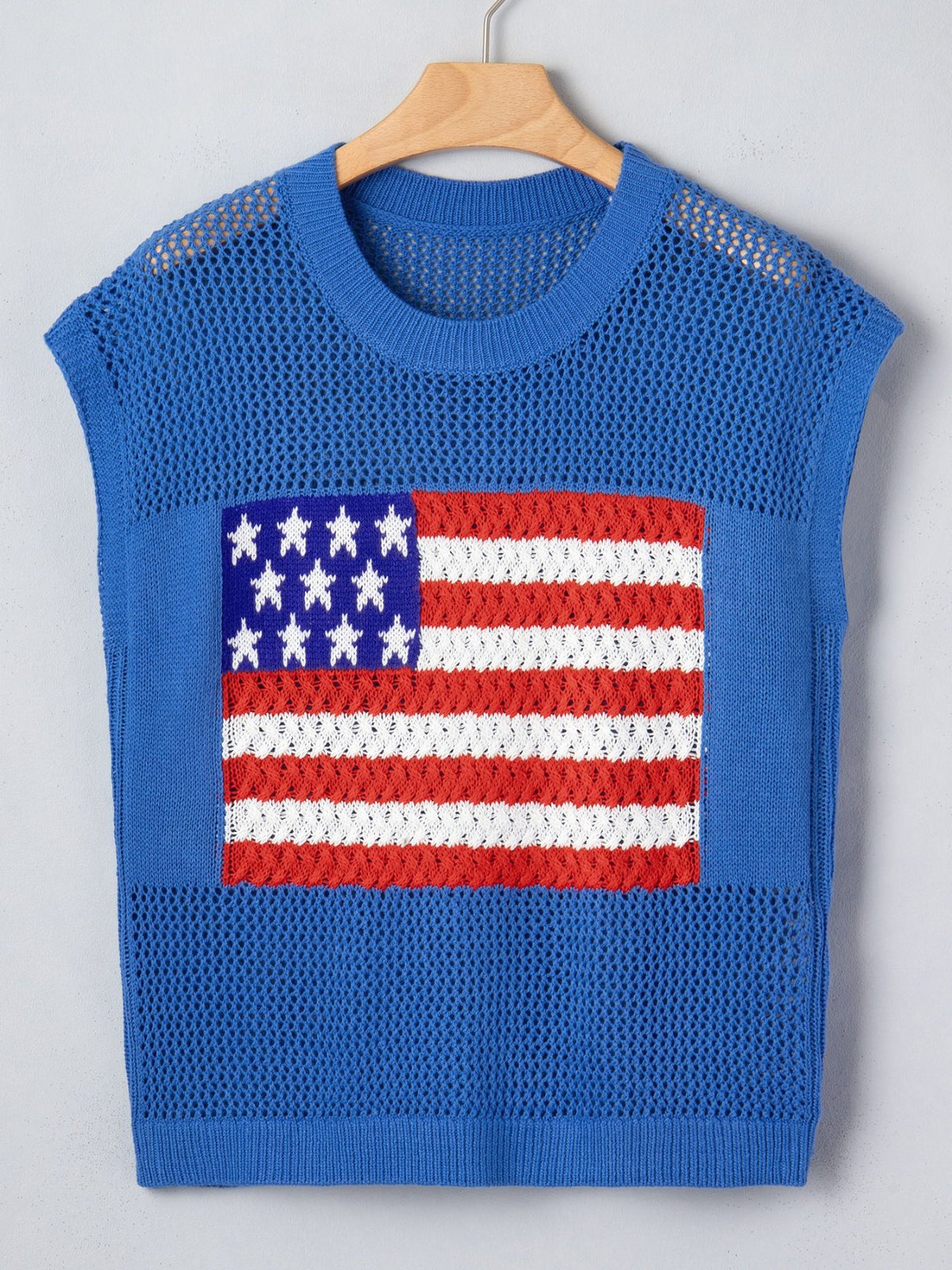Dusty blue short sleeve sweater top with a flag graphic design, from Trendsi, styled for casual wear.