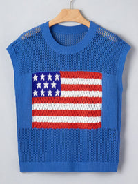 Dusty blue short sleeve sweater top with a flag graphic design, from Trendsi, styled for casual wear.