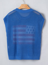 Dusty blue short sleeve sweater top with bold flag graphic design, from Trendsi, casual and stylish for everyday wear.