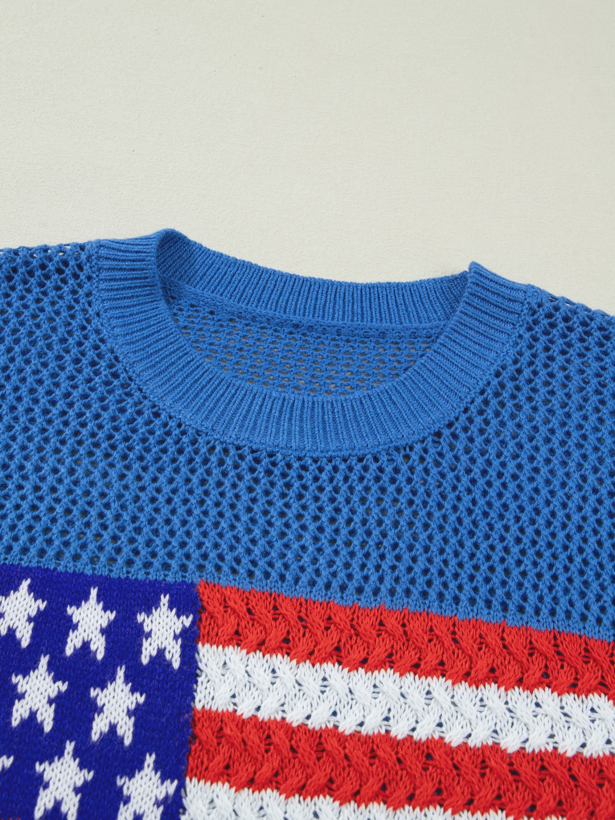 Dusty blue short sleeve sweater top with bold flag graphic print, by Trendsi, featuring a casual and trendy design.