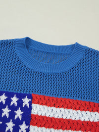 Dusty blue short sleeve sweater top with bold flag graphic print, by Trendsi, featuring a casual and trendy design.
