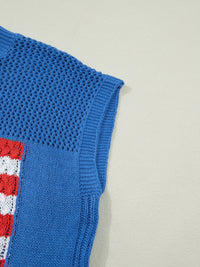 Dusty blue short sleeve sweater top with flag graphic design, trendy and casual from Trendsi.