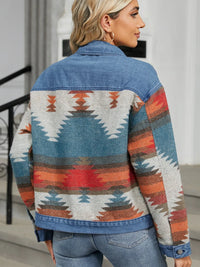 Geometric button-up long sleeve denim jacket from Trendsi with unique pattern and classic fit, shown on a model.