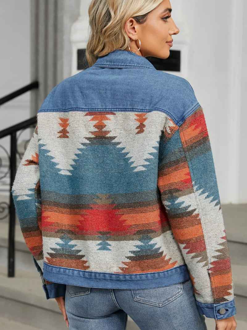Geometric button-up long sleeve denim jacket from Trendsi with unique pattern and classic fit, shown on a model.
