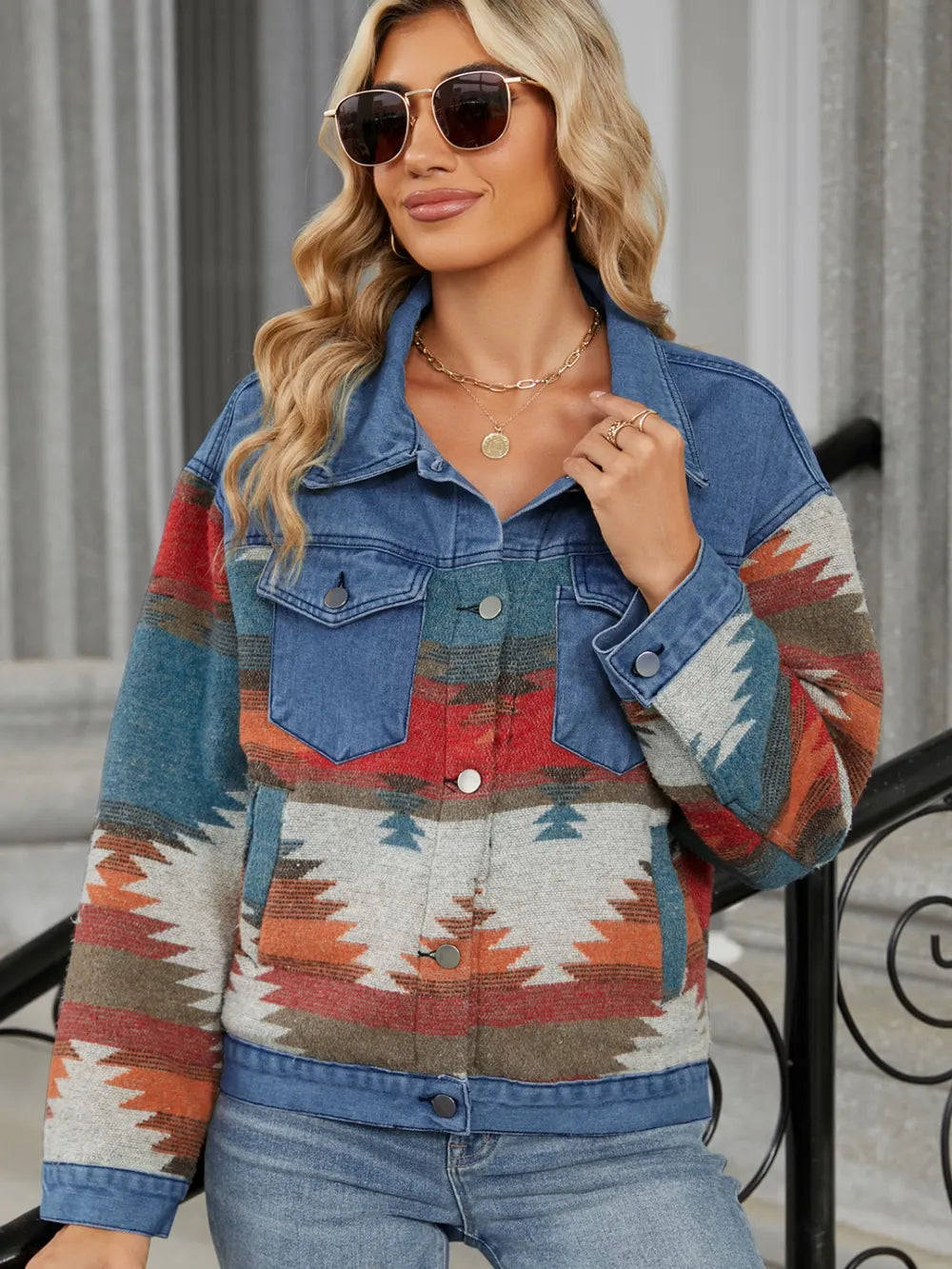 Trendsi geometric button-up long sleeve denim jacket with a stylish pattern and classic collar on a model.