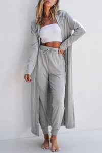 Gray open-front long sleeve cardigan and matching pants lounge set by Trendsi, cozy and comfortable for relaxed wear.