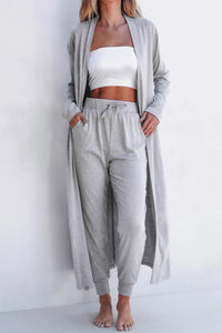 Gray open-front long sleeve cardigan and matching pants lounge set by Trendsi, perfect for comfortable casual wear.