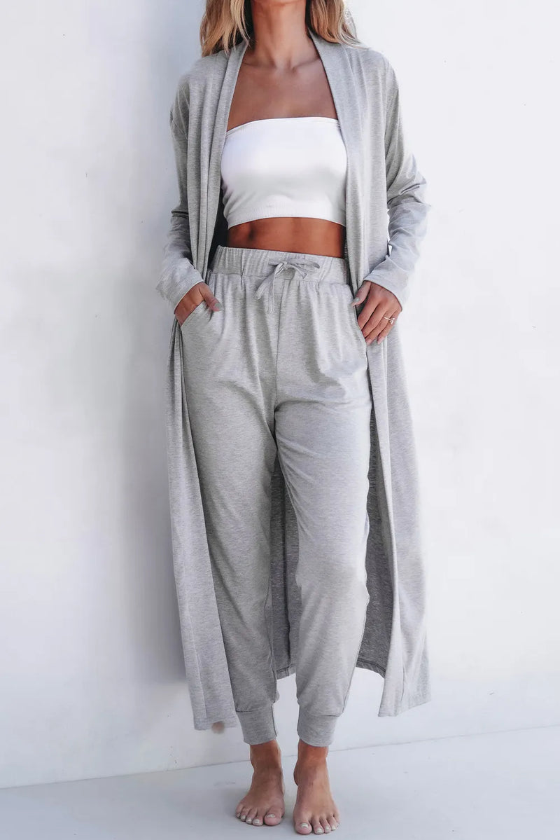 Gray open-front long sleeve cardigan and matching pants lounge set by Trendsi, perfect for comfortable casual wear.