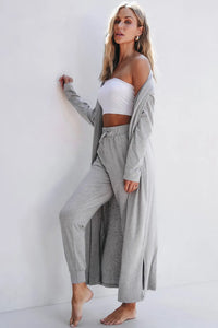 Gray open front long sleeve cardigan and matching lounge pants set by Trendsi, perfect for casual and cozy wear.
