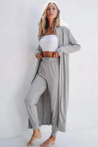 Gray open-front long sleeve cardigan and matching lounge pants set from Trendsi, perfect for cozy, casual wear.