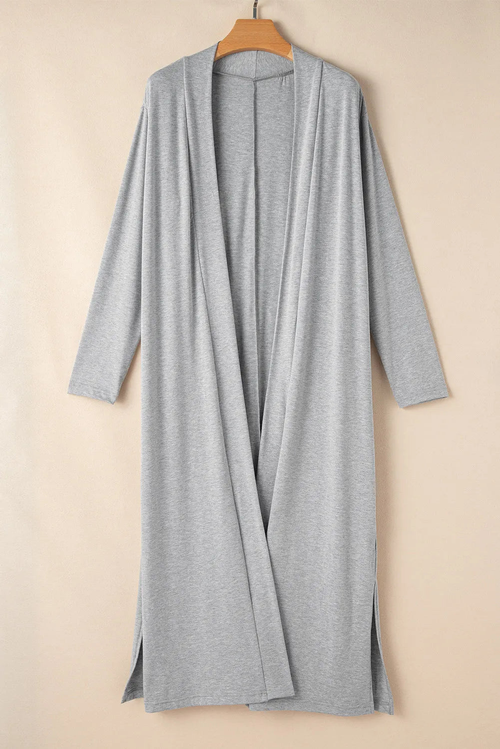 Gray open-front long sleeve cardigan and matching pants lounge set by Trendsi, comfortable and stylish for relaxed wear.