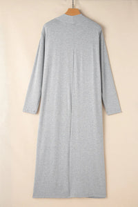 Gray open-front long sleeve cardigan and matching pants lounge set by Trendsi, perfect for cozy casual wear.