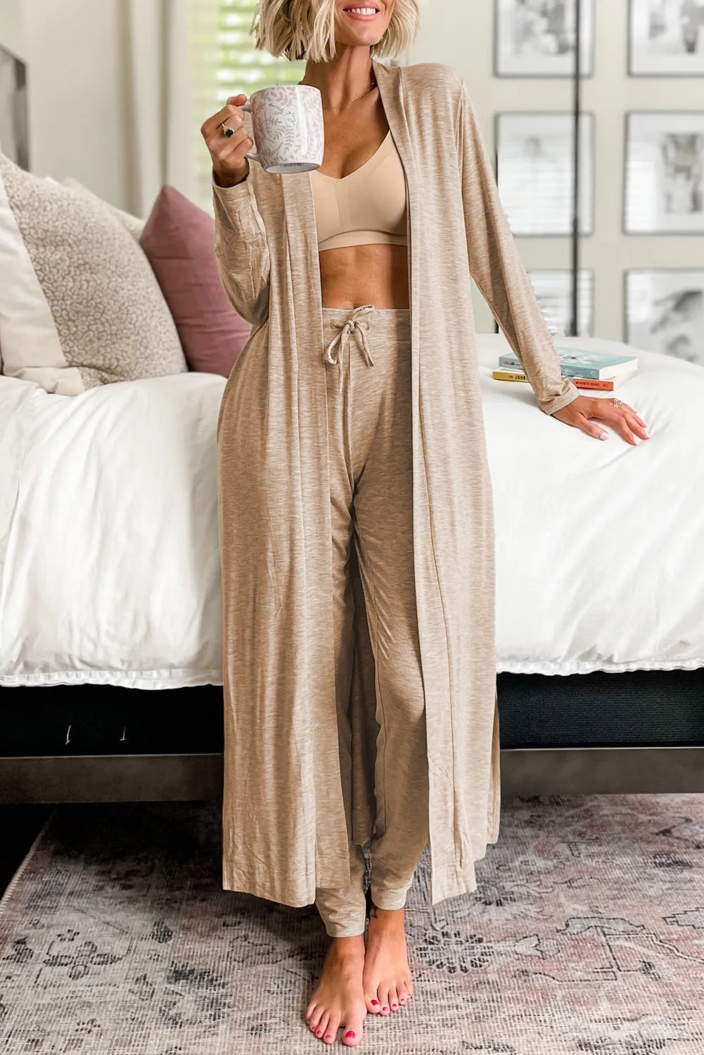 Gray open-front long sleeve cardigan and matching pants lounge set by Trendsi, cozy and comfortable for casual wear.