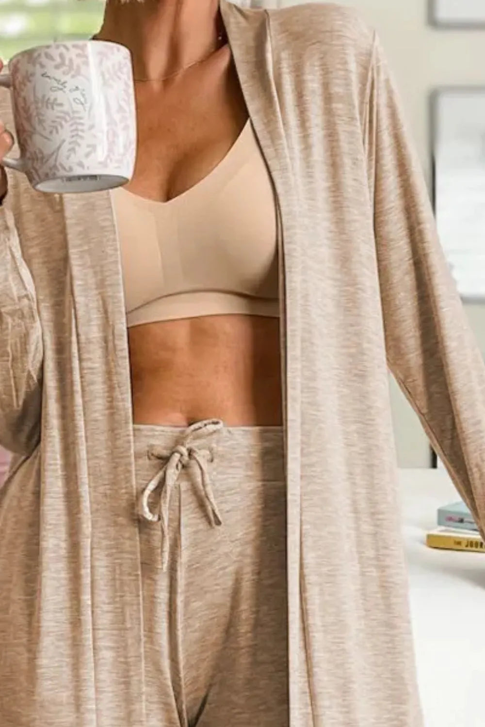 Gray open-front long sleeve cardigan and matching lounge pants set by Trendsi, perfect for casual comfort and relaxed style.
