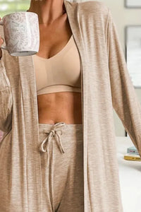 Gray open-front long sleeve cardigan and matching lounge pants set by Trendsi, perfect for casual comfort and relaxed style.