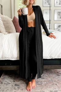 Gray open-front long sleeve cardigan and matching pants lounge set by Trendsi, casual and comfortable for relaxed wear.