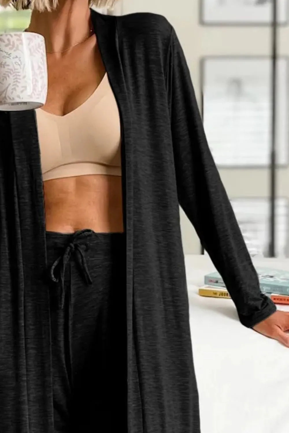 Gray open-front long sleeve cardigan and matching pants lounge set by Trendsi, comfortable and stylish for casual wear.