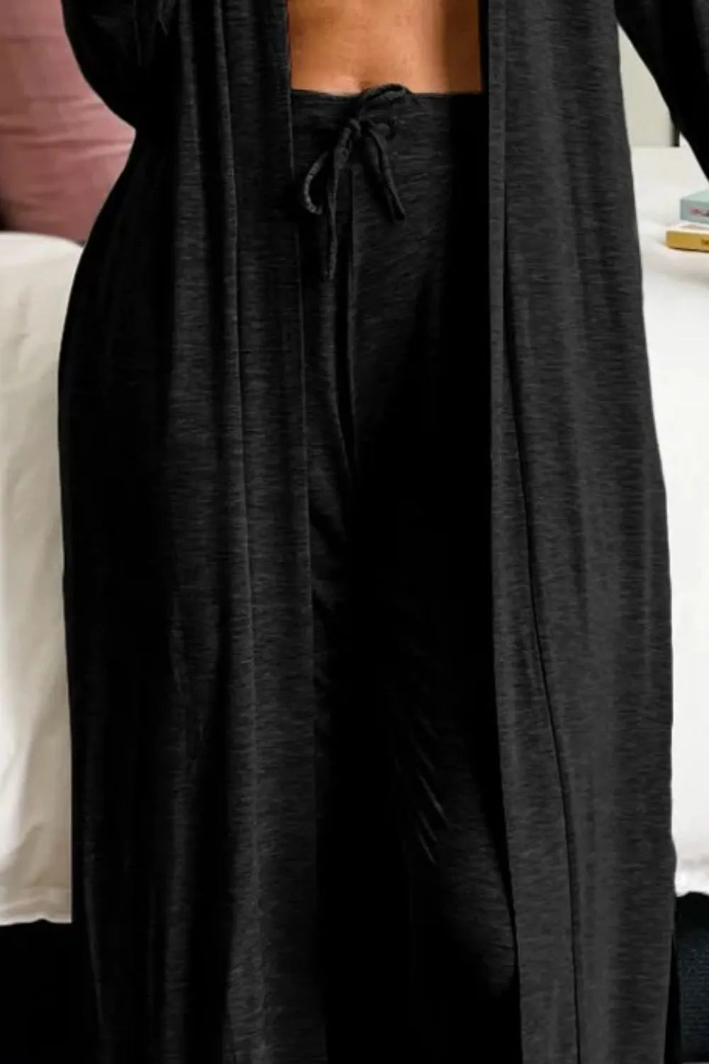 Gray open front long sleeve cardigan and matching pants lounge set by Trendsi, cozy and stylish for relaxed wear.