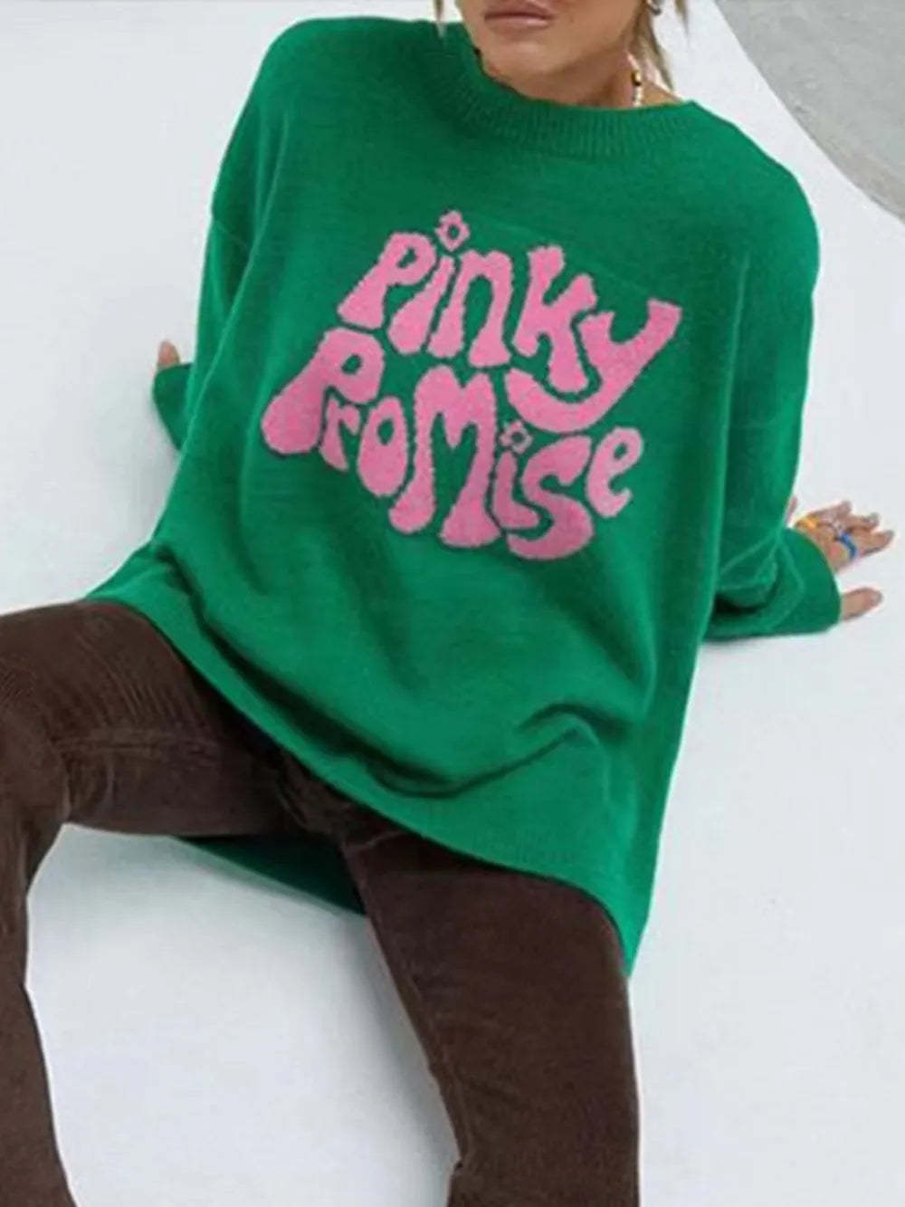 Pink and green Pinky Promise round neck drop shoulder sweater by Trendsi, featuring a cozy knit and relaxed fit.