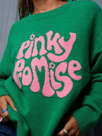 Green Pinky Promise round neck drop shoulder sweater by Trendsi, soft knit with relaxed fit and casual style.