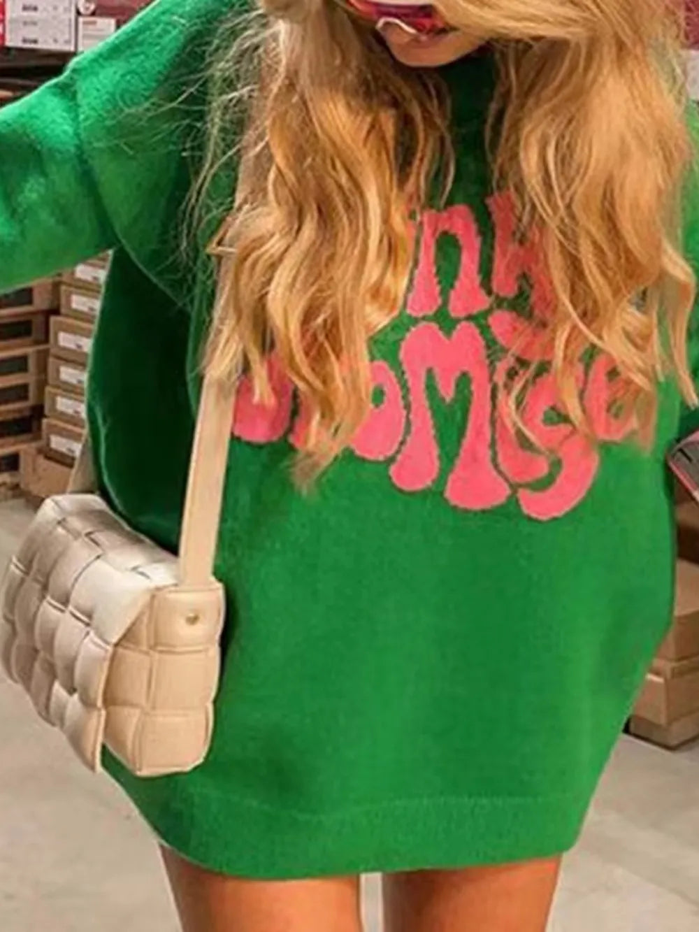 Pink and green Pinky Promise round neck drop shoulder sweater by Trendsi, featuring a cozy, relaxed fit with soft knit fabric.