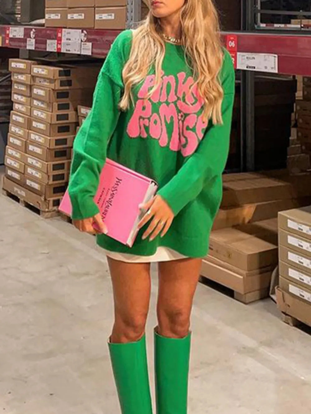 Green Pinky Promise round neck drop shoulder sweater by Trendsi, soft knit with relaxed fit and casual style.