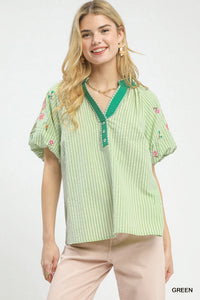 Umgee embroidered stripe top with colorful woven embroidery, long sleeves, and casual fit, perfect for everyday wear.