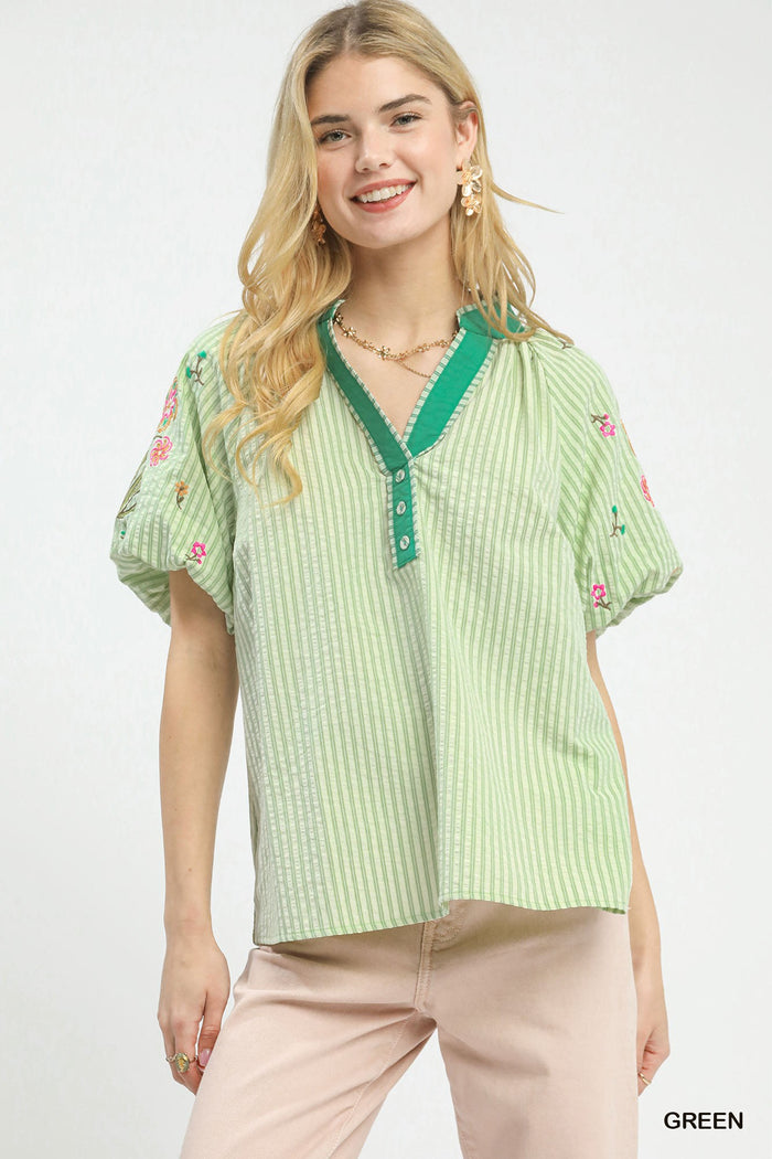 Umgee embroidered stripe top with colorful woven embroidery, long sleeves, and casual fit, perfect for everyday wear.