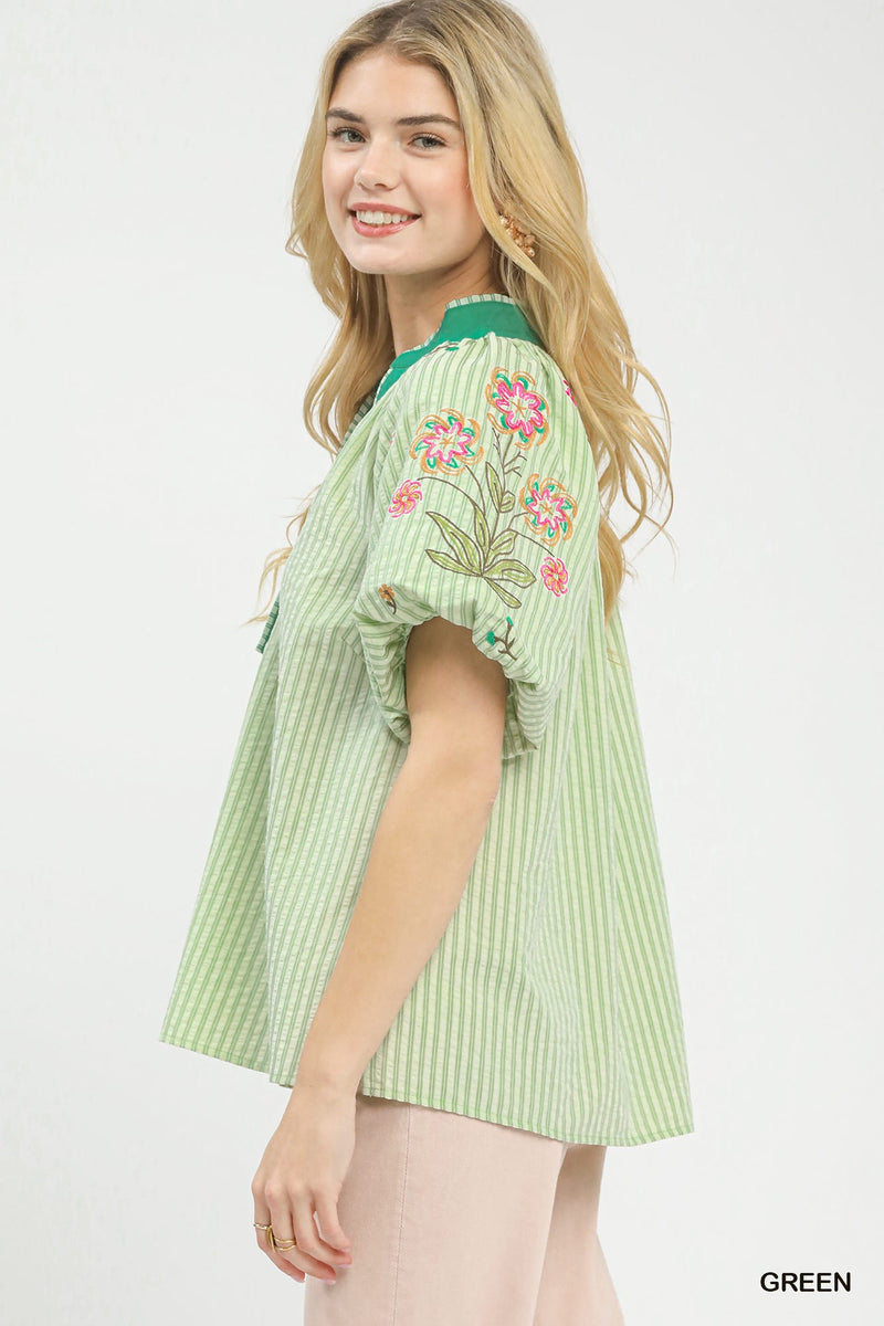 Umgee embroidered stripe top by Trendsi featuring colorful woven embroidery and lightweight fabric, casual and stylish for everyday wear.