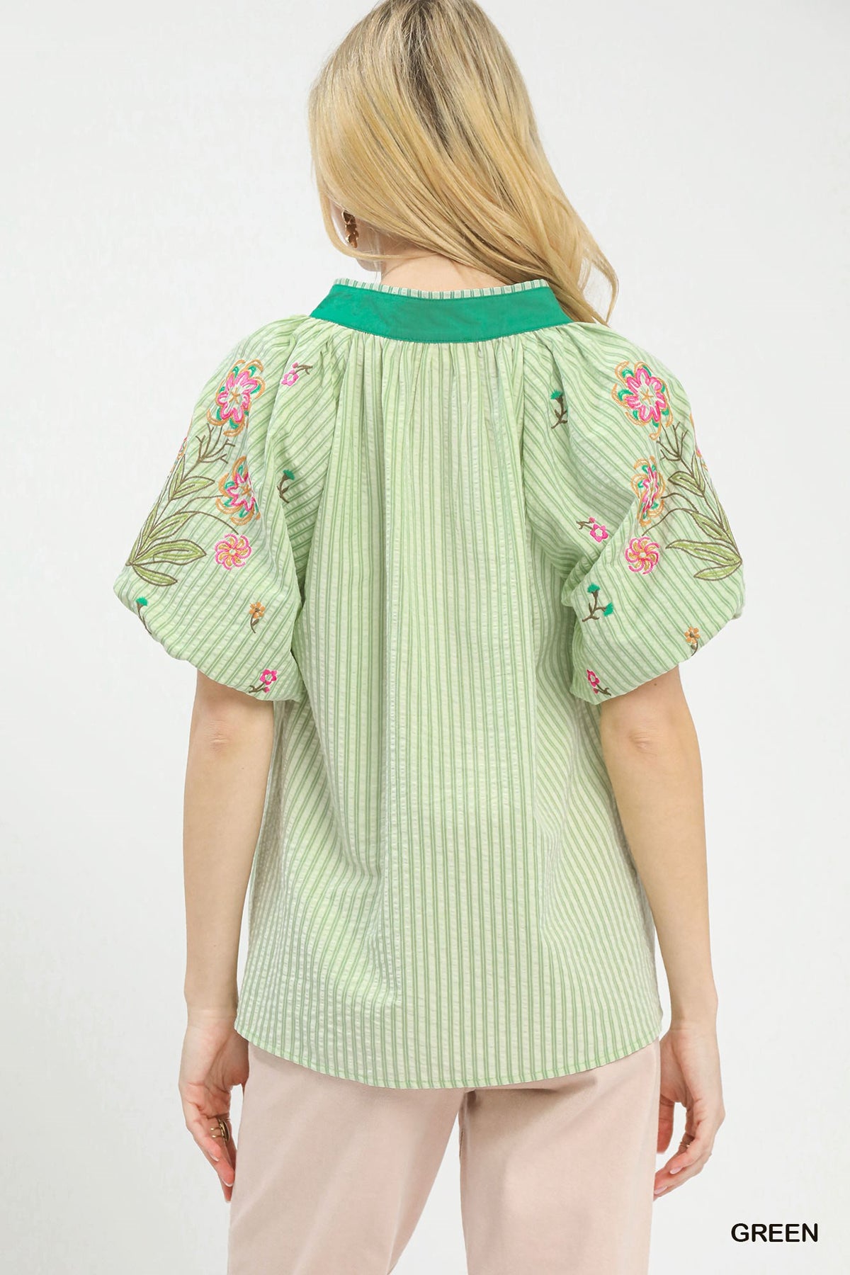 Umgee embroidered stripe top with colorful detailing, casual fit, long sleeves, and round neckline, perfect for stylish everyday wear.