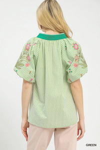 Umgee embroidered stripe top with colorful detailing, casual fit, long sleeves, and round neckline, perfect for stylish everyday wear.