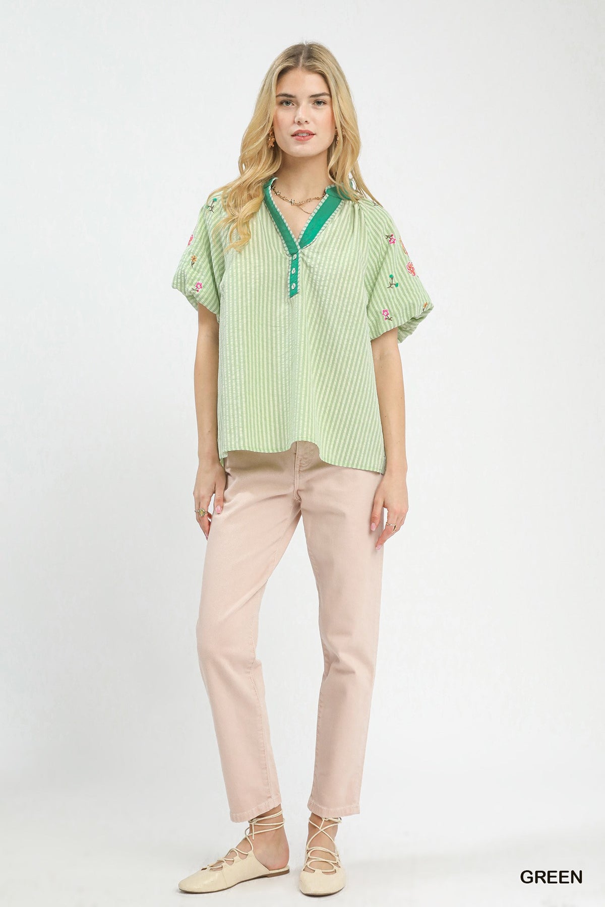 Umgee embroidered stripe top featuring colorful embroidery and lightweight fabric, perfect for casual wear.