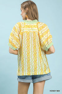 Boho Mix Print Blouse with Contrast Trim, trendy fashion top featuring vibrant patterns and relaxed fit for casual wear.