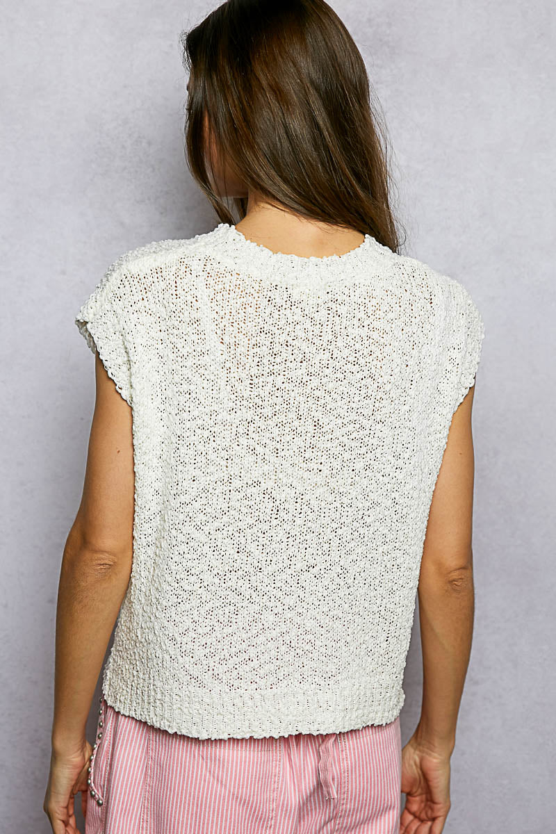 POL Star round neck popcorn knit top from Trendsi, featuring a textured knit fabric and a stylish, relaxed fit.