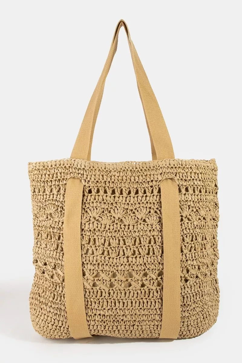 Large straw braided tote bag with hat holder from Trendsi, featuring a spacious design and natural woven texture.