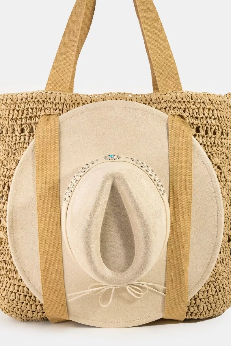 Large straw braided tote bag with hat holder from Trendsi, featuring a spacious design and natural woven texture.