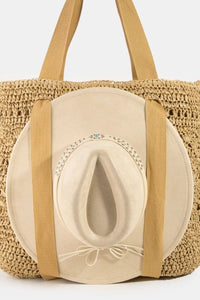 Large straw braided tote bag with hat holder from Trendsi, featuring a spacious design and natural woven texture.